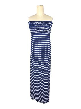 Blue and White Striped Strapless Maxi Dress